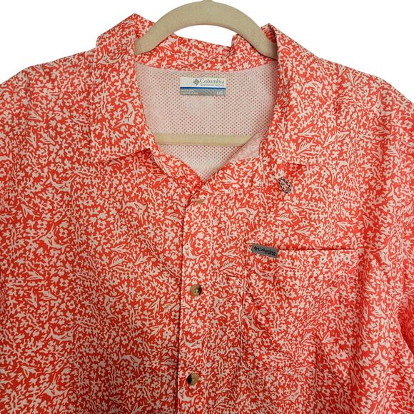 Columbia PFG Short Sleeve Vented Fishing Shirt Orange White Men L Button Front - Picture 2 of 10